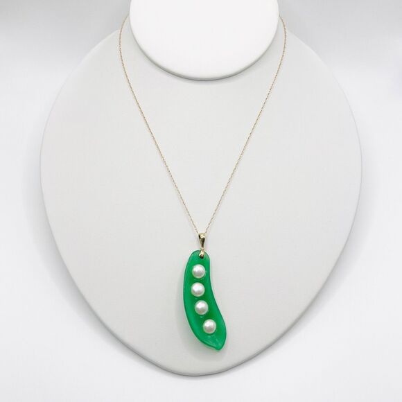 14k Gold Green Jade Pearl Pea Pod Pendant Necklace Carved 18" 9.3 Grams - Picture 2 of 10